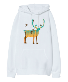 Geyik baskılı Oversize Unisex Kapüşonlu Sweatshirt