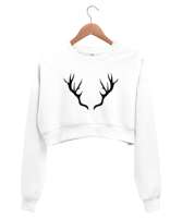 Geyik Boynuzlu Beyaz Kadın Crop Sweatshirt - Thumbnail