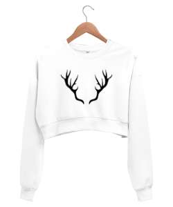 Geyik Boynuzlu Beyaz Kadın Crop Sweatshirt