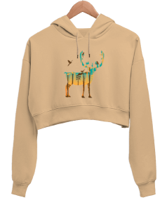 Geyik Kadın Crop Hoodie Kapüşonlu Sweatshirt