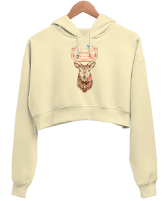 Geyik ve Kuşlar Kadın Crop Hoodie Kapüşonlu Sweatshirt