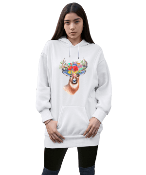 Geyikli Kadın Uzun Hoodie Kapüşonlu Sweatshirt