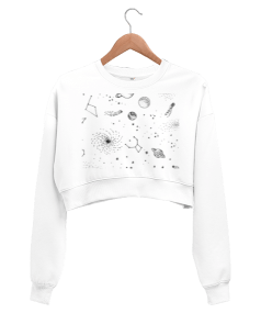 Gezegen baskılı Kadın Crop Sweatshirt - Thumbnail