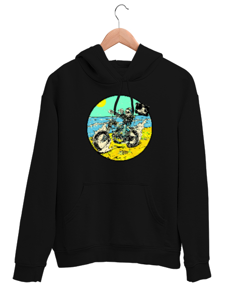 Tisho - Gezgin Motorcu İskelet - Skeleton Siyah Unisex Kapşonlu Sweatshirt