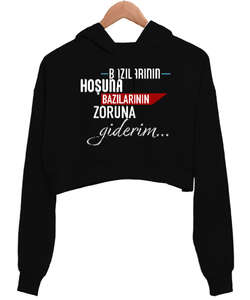 Giderim Siyah Kadın Crop Hoodie Kapüşonlu Sweatshirt