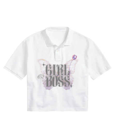 Tisho - GIRL BOSS Beyaz Kadın Crop Polo Yaka Tişört