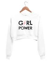 Girl Power - Kız Gücü V2 Beyaz Kadın Crop Sweatshirt - Thumbnail