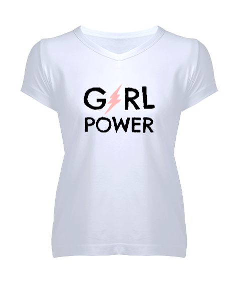 Tisho - Girl Power - Kız Gücü V2 Beyaz Kadın V Yaka Tişört