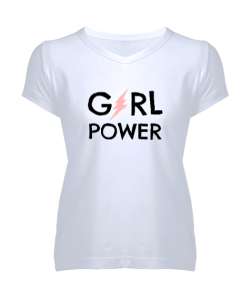 Girl Power - Kız Gücü V2 Beyaz Kadın V Yaka Tişört