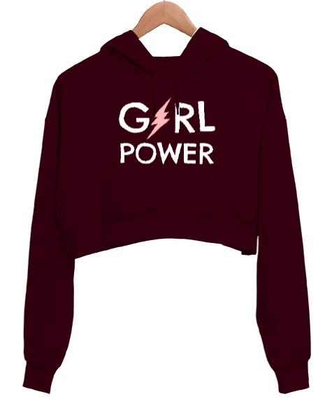 Tisho - Girl Power - Kız Gücü V2 Bordo Kadın Crop Hoodie Kapüşonlu Sweatshirt