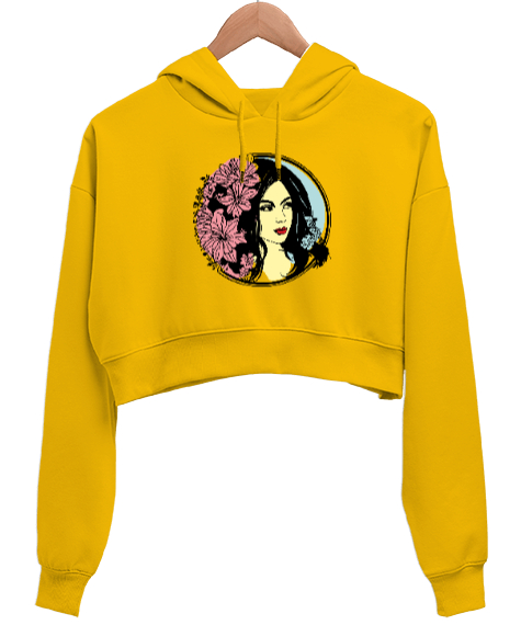 Tisho - Girl Sarı Kadın Crop Hoodie Kapüşonlu Sweatshirt