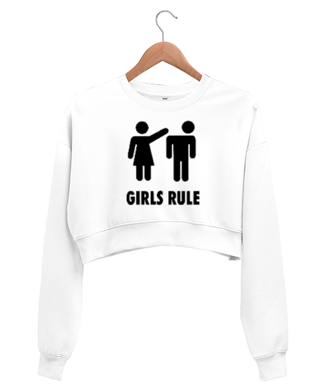 Girls Rule - Kızlar Kuralı Beyaz Kadın Crop Sweatshirt