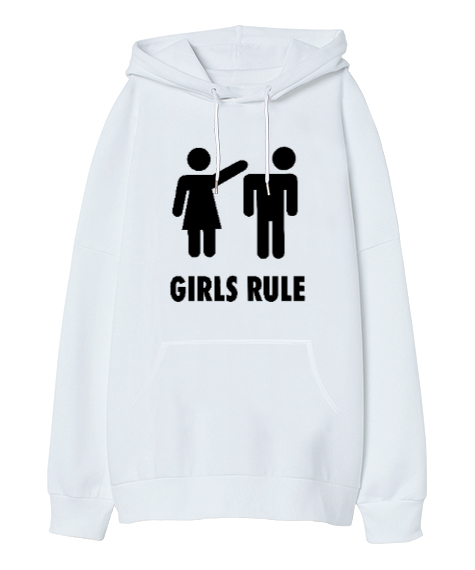 Girls Rule - Kızlar Kuralı Beyaz Oversize Unisex Kapüşonlu Sweatshirt