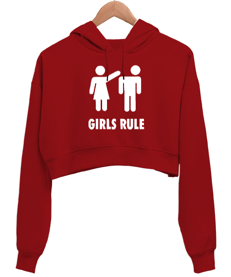 Girls Rule - Kızlar Kuralı Kırmızı Kadın Crop Hoodie Kapüşonlu Sweatshirt