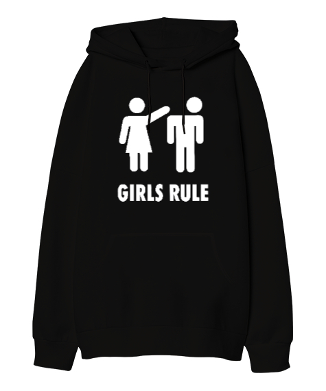 Girls Rule - Kızlar Kuralı Siyah Oversize Unisex Kapüşonlu Sweatshirt