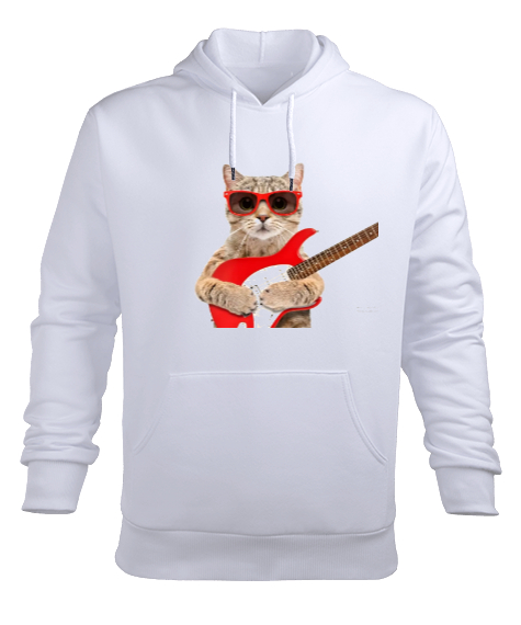 gitar çalan kedi Beyaz Erkek Kapüşonlu Hoodie Sweatshirt