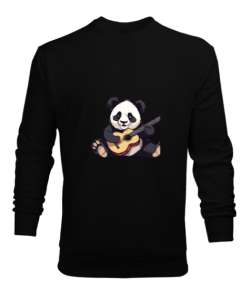 Gitar Çalan Panda Siyah Erkek Sweatshirt