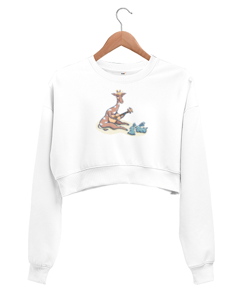 Tisho - Gitar Çalan Zürafa ve Tavşanlar Beyaz Kadın Crop Sweatshirt