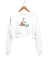 Gitar Çalan Zürafa ve Tavşanlar Beyaz Kadın Crop Sweatshirt - Thumbnail