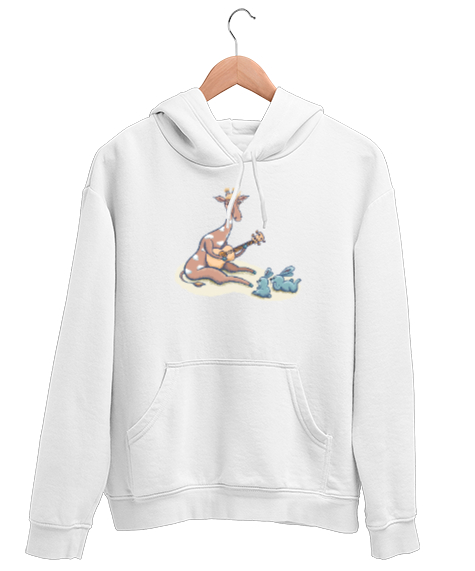 Tisho - Gitar Çalan Zürafa ve Tavşanlar Beyaz Unisex Kapşonlu Sweatshirt