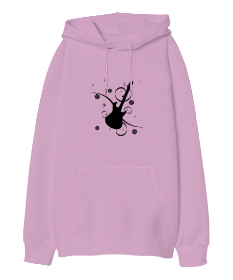 Gitar Pembe Oversize Unisex Kapüşonlu Sweatshirt