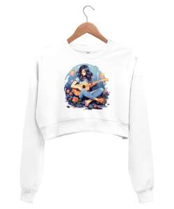 Gitarist - Guitarist Girl Beyaz Kadın Crop Sweatshirt