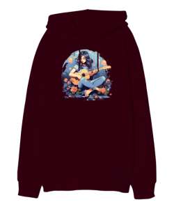 Gitarist - Guitarist Girl Bordo Oversize Unisex Kapüşonlu Sweatshirt