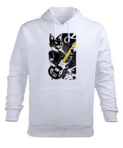 Gitarist kedi baskılı Beyaz Erkek Kapüşonlu Hoodie Sweatshirt