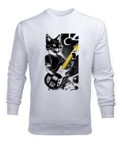 Gitarist kedi baskılı Beyaz Erkek Sweatshirt