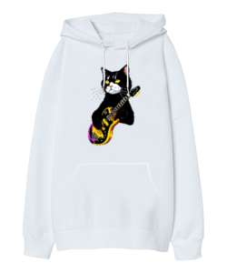 gitarist kedi Beyaz Oversize Unisex Kapüşonlu Sweatshirt