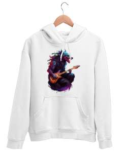 gitarist wolf Beyaz Unisex Kapşonlu Sweatshirt