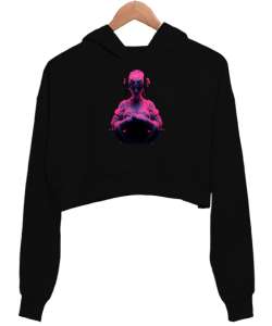 Giza Siyah Kadın Crop Hoodie Kapüşonlu Sweatshirt