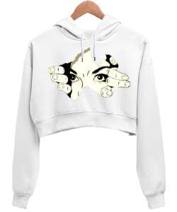 Gizlenen Beyaz Kadın Crop Hoodie Kapüşonlu Sweatshirt