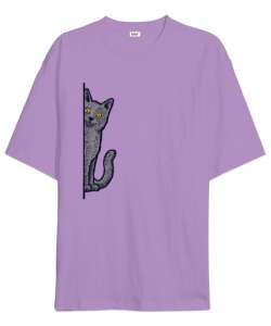 Gizlenen Kedi Lila Oversize Unisex Tişört