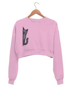 Gizlenen Kedi Pembe Kadın Crop Sweatshirt