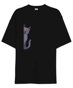 Gizlenen Kedi Siyah Oversize Unisex Tişört