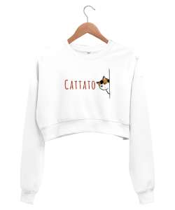 Gizlenmiş Kedi - Cattato Beyaz Kadın Crop Sweatshirt