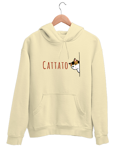 Tisho - Gizlenmiş Kedi - Cattato Krem Unisex Kapşonlu Sweatshirt