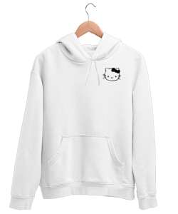 Göğüs baskılı hello kitty Beyaz Unisex Kapşonlu Sweatshirt