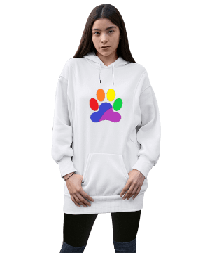 Gökkuşağı Temalı Pati İzi Kadın Uzun Hoodie Kapüşonlu Sweatshirt