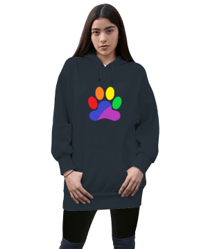 Gökkuşağı Temalı Pati İzi Kadın Uzun Hoodie Kapüşonlu Sweatshirt