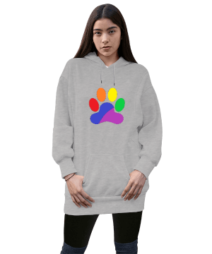 Gökkuşağı Temalı Pati İzi Kadın Uzun Hoodie Kapüşonlu Sweatshirt