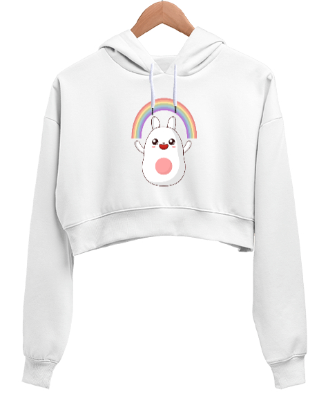 Gökkuşağı Temalı Rengarenk Tatlı Tavşan Beyaz Kadın Crop Hoodie Kapüşonlu Sweatshirt