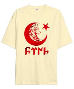 Göktürk, Türk, Bozkurt, Hilal, Kurt V2 Krem Oversize Unisex Tişört