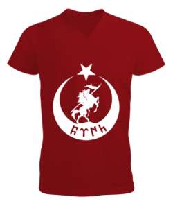 Göktürk,Göktürk logosu,Türkiye. Kırmızı Erkek Kısa Kol V Yaka Tişört