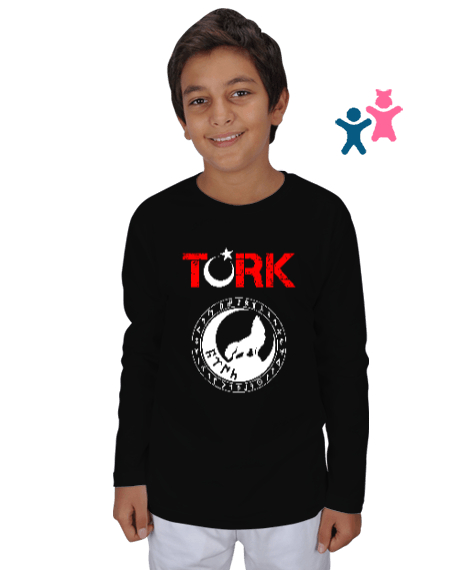 Göktürk,Göktürk logosu,Türkiye. Siyah Çocuk Unisex Uzunkollu