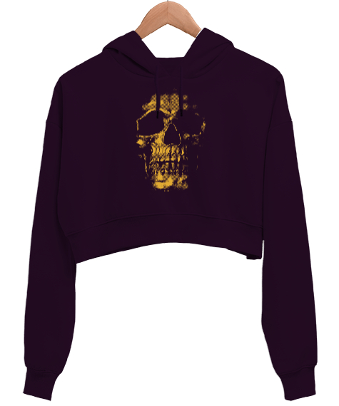 Tisho - Gold Skull - Altın Kafatası Koyu Mor Kadın Crop Hoodie Kapüşonlu Sweatshirt