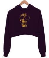 Gold Skull - Altın Kafatası Koyu Mor Kadın Crop Hoodie Kapüşonlu Sweatshirt - Thumbnail