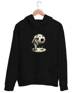 Golf oynayan astronot Siyah Unisex Kapşonlu Sweatshirt