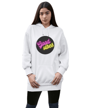 Good Vibes Kadın Uzun Hoodie Kapüşonlu Sweatshirt